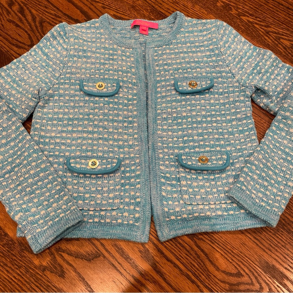 Lilly Pulitzer sz XS Kienna Cardigan Blazer Blue Aqua Preppy Resort Coastal Y2K